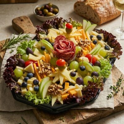 vendégváró sajttál prémium sajtokkal gyümölcsökkel és grissinivel