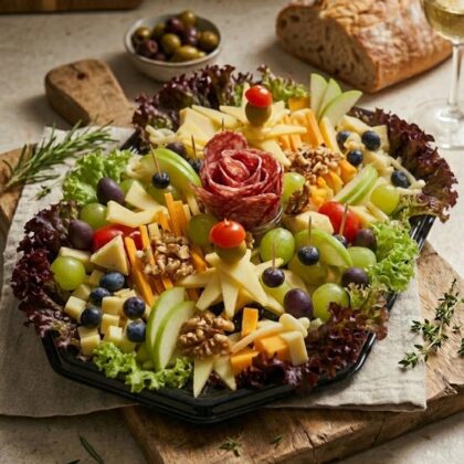 vendégváró sajttál prémium sajtokkal gyümölcsökkel és grissinivel