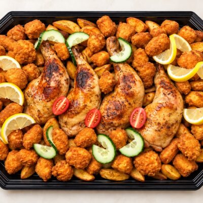 Part & Porta családi bőségtál sült csirkecombokkal, cornflakes bundás nuggetekkel, steakburgonyával, citrommal és uborkával