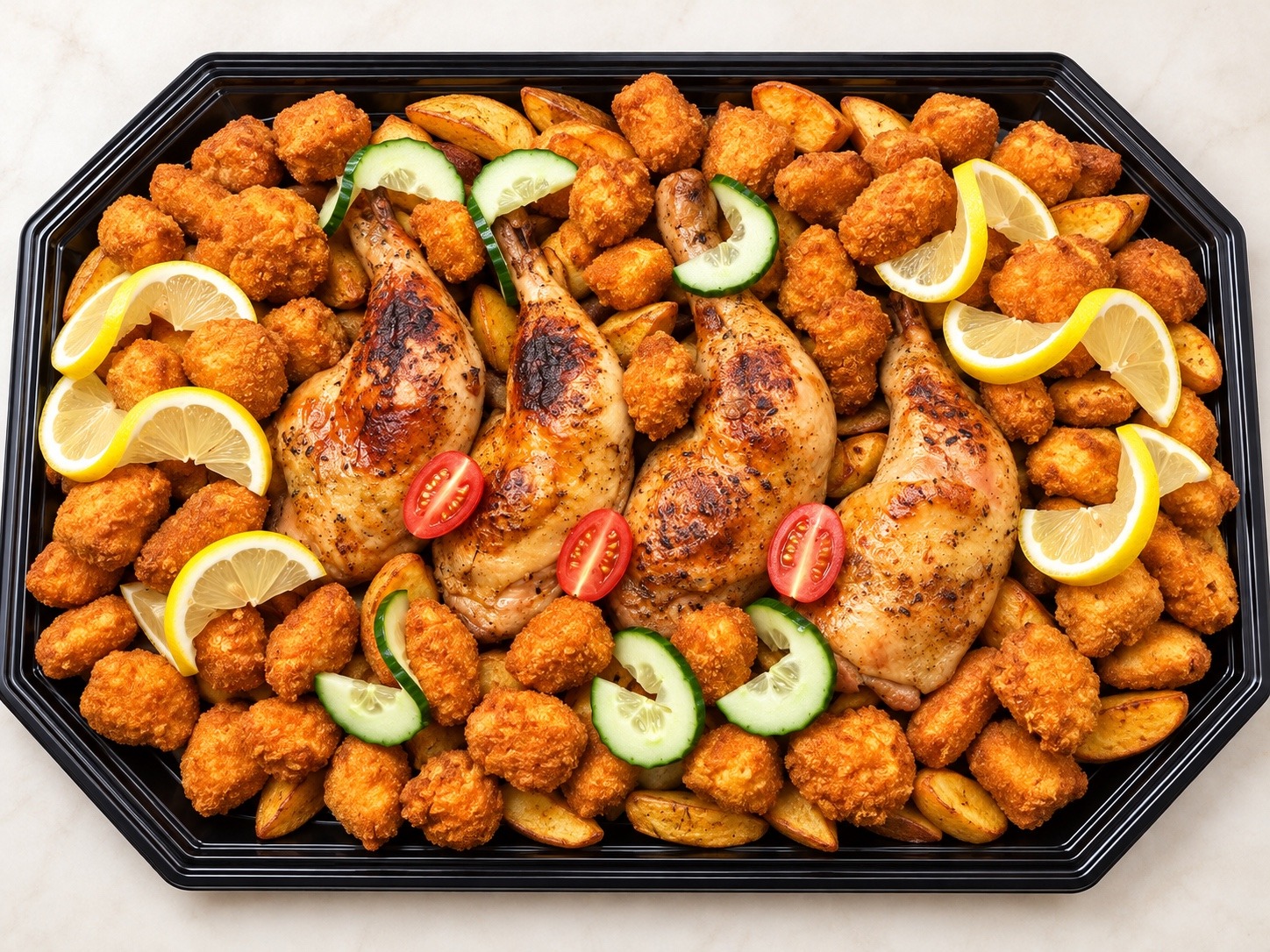 Part & Porta családi bőségtál sült csirkecombokkal, cornflakes bundás nuggetekkel, steakburgonyával, citrommal és uborkával